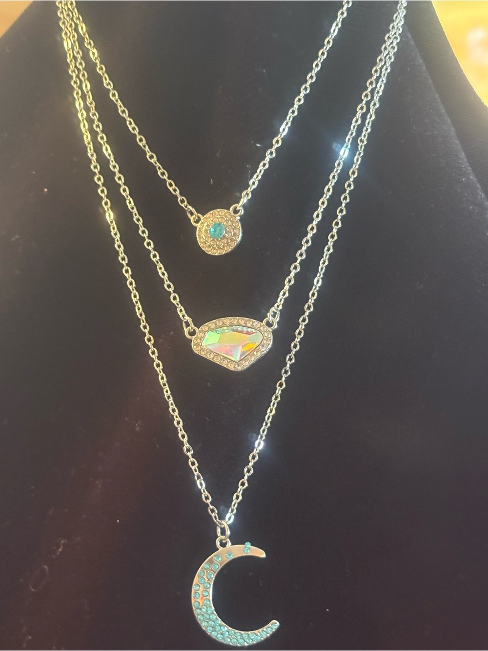 Layered Crescent Pendant Necklace - Silver with Aqua Accents